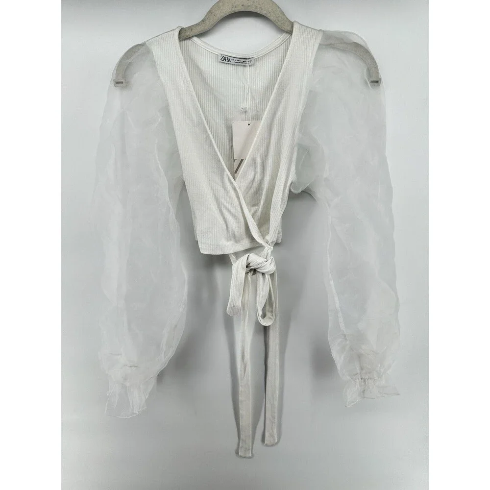 Zara White Ribbed Sheer Puff Sleeve Top longsleeve blouse size S #B